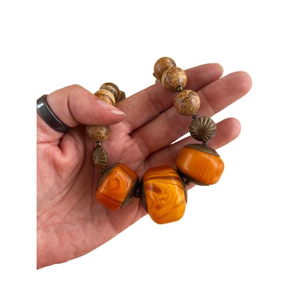 Vintage Jasper Stone Bead and Lac Resin Plastic Necklace - Picture 9 of 9